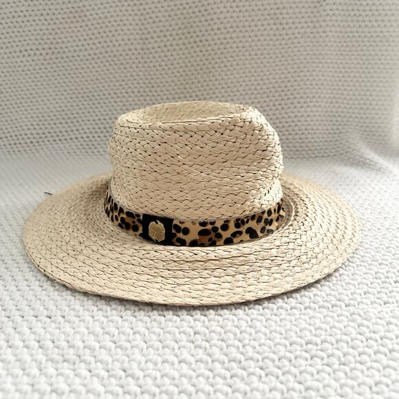 Vince Camuto Accessories - Vince Camuto Beige Straw Leopard Pony Hair Band Summer Hat Floppy Panama OS